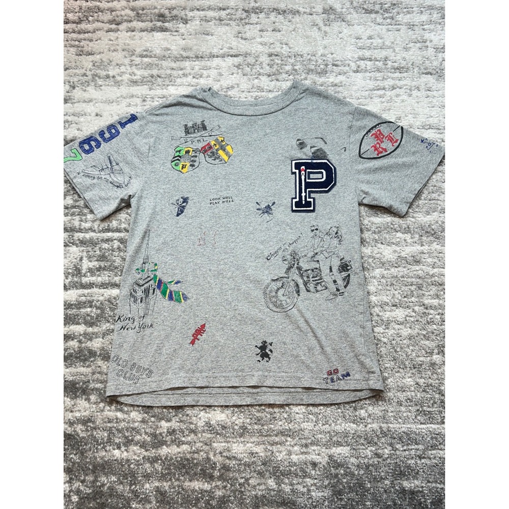Polo Ralph Lauren T-Shirt Kids Size M(10-12) Gray Graphic Varsity Doodle Tee